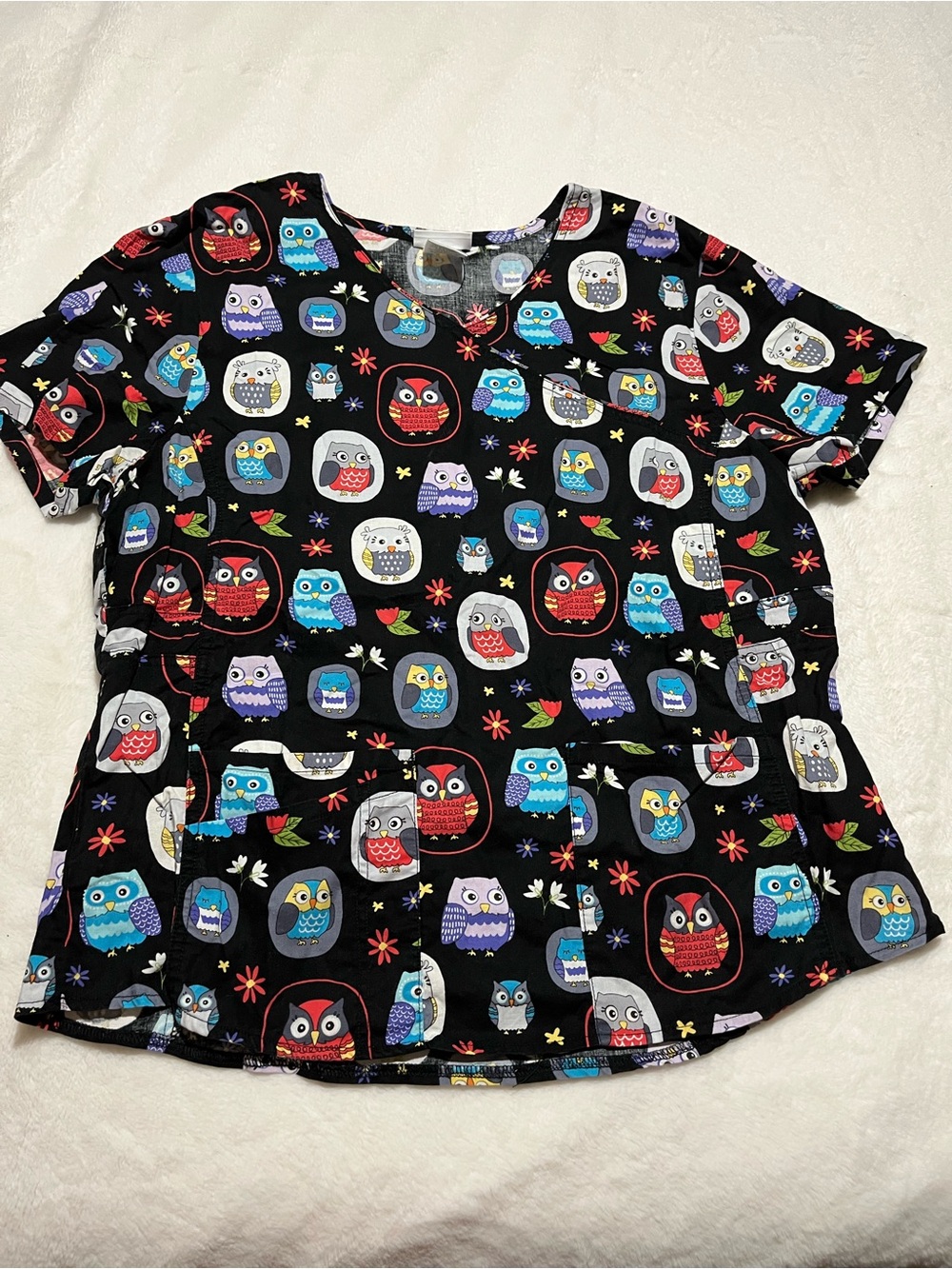 Scrubstar Black Short Sleeve Top with Colorful Owl Print